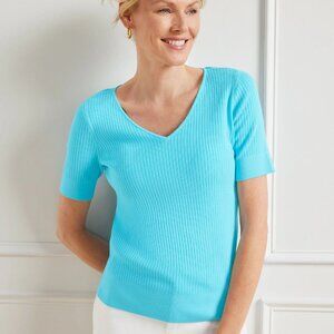 NWT Talbots blue short sleeve ribbed v neck sweater top woman's size XL